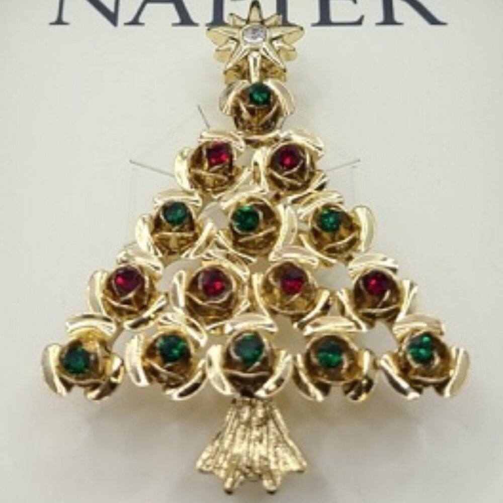 NAPIER Retro Holiday Christmas Tree Gold Red/Green Crystals + a Star Brooch Pin
